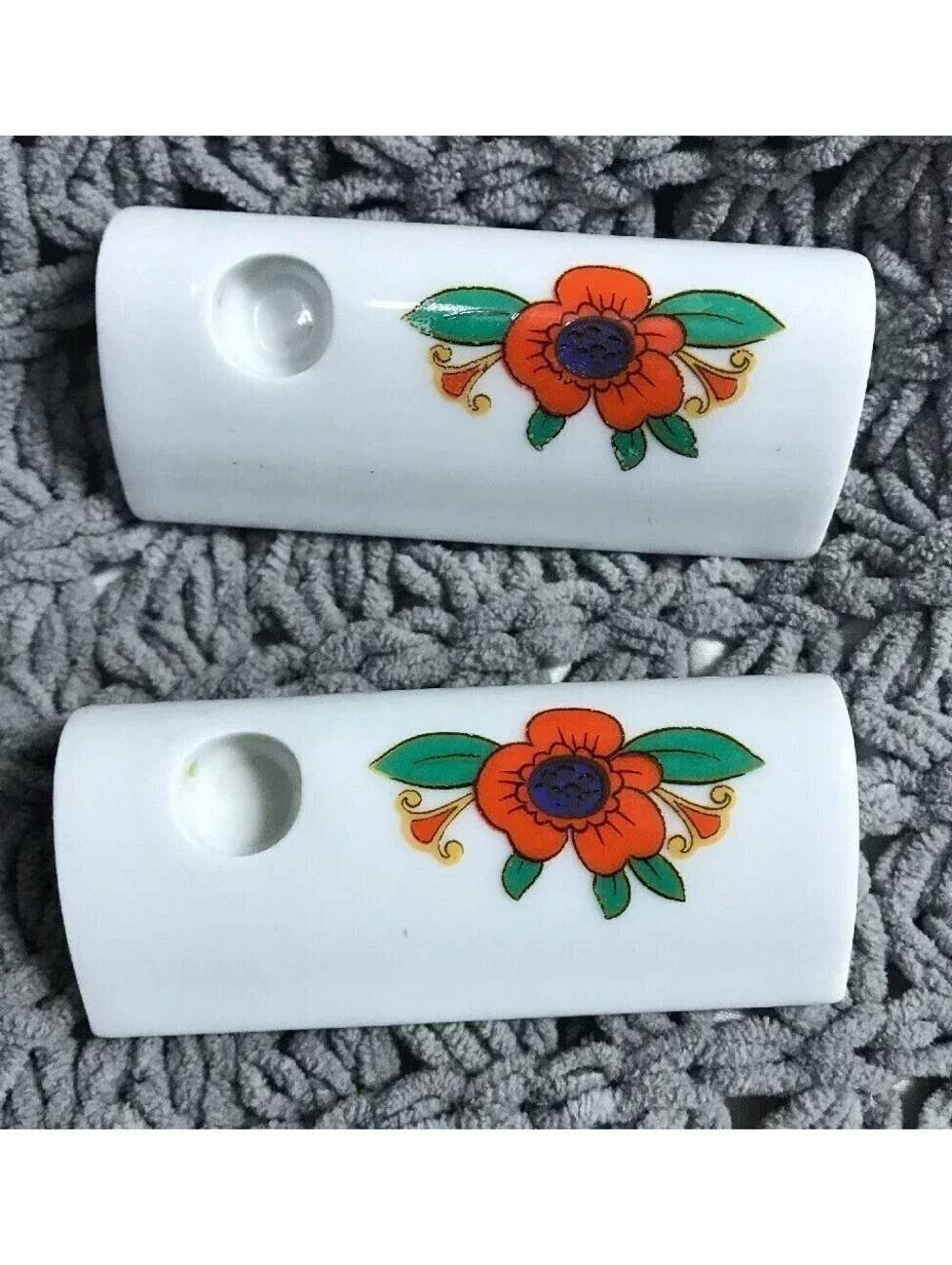 West German Candle Holders White With Flowers Blue Yellow Red 3” Funny Design